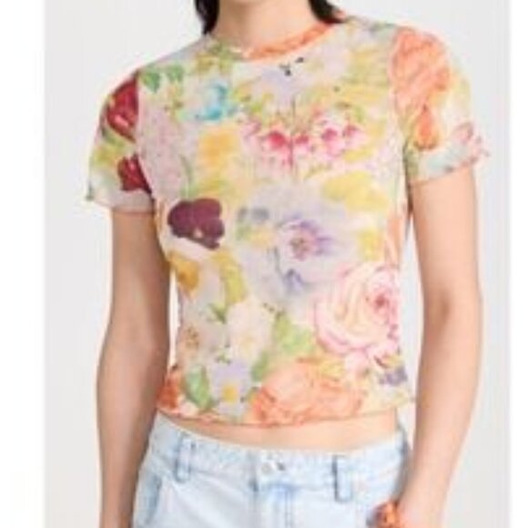 $195 Sz S/M Alice + Olivia Delaina Short Sleeve Lettuce Trim Crop Top Blouse - Picture 1 of 7
